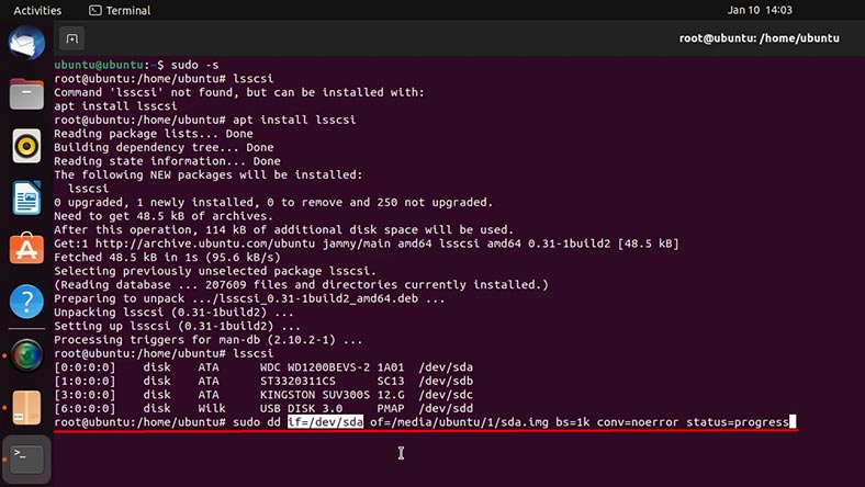 Linux: the command to create a disk image