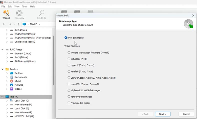 Hetman Partition Recovery: Selecione o tipo de imagem de disco para montar