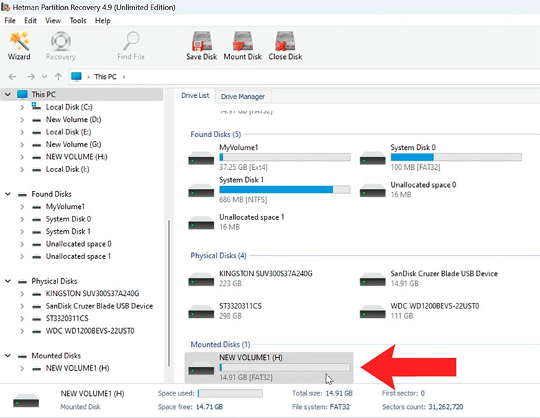 Hetman Partition Recovery: the mounted drive will appear on the list of disks