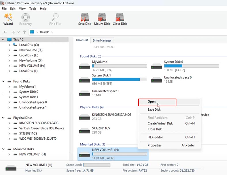 Hetman Partition Recovery: Um Daten von einem Disk-Image wiederherzustellen, führen Sie dessen Analyse durch