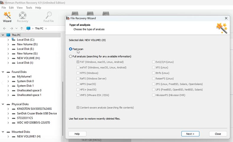 Hetman Partition Recovery: الفحص السريع