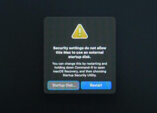 Security settings not allow this Mac to use an external startup disk