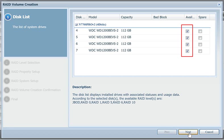 Select the disks to use in your array