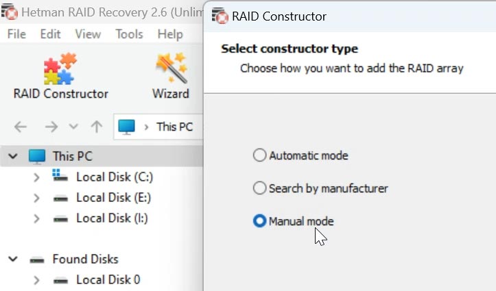 RAID Constructor: Manual mode