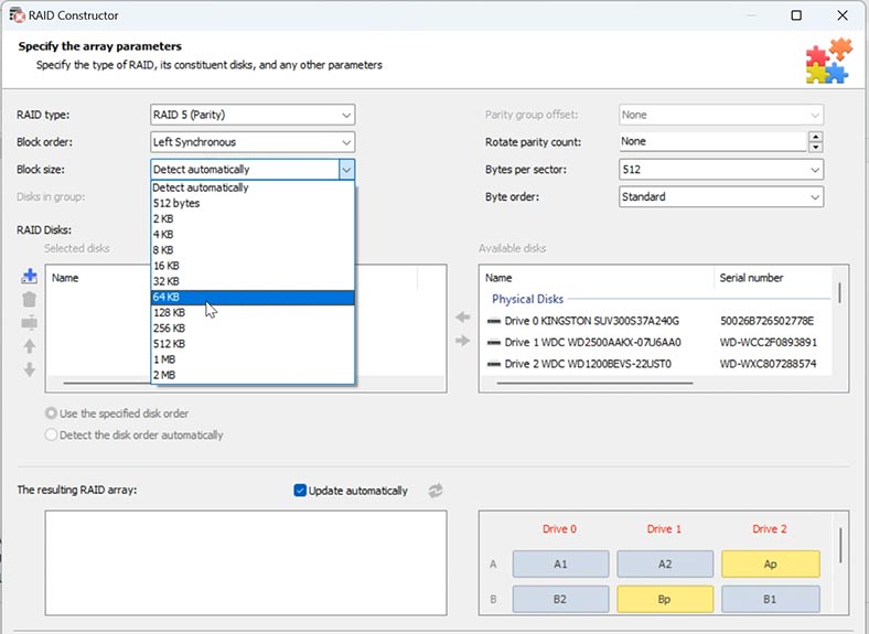 RAID Constructor: fill in the RAID type, block order and size