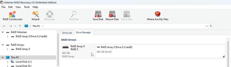 The array you have built manually will appear in the Drive Manager