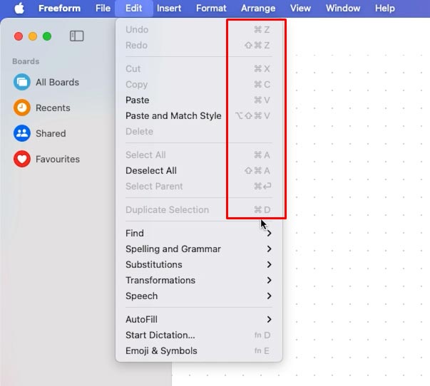 Raccourcis clavier des applications dans le menu