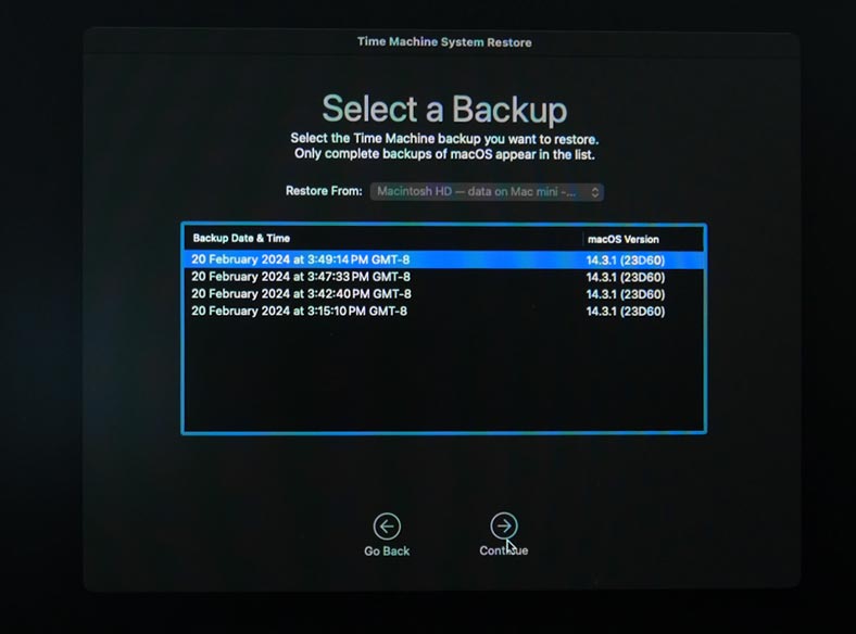 Select the Time Machine backup file
