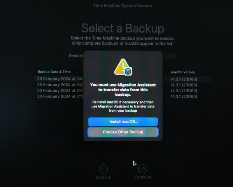 Use Migration Assistant to transfer data from this backup