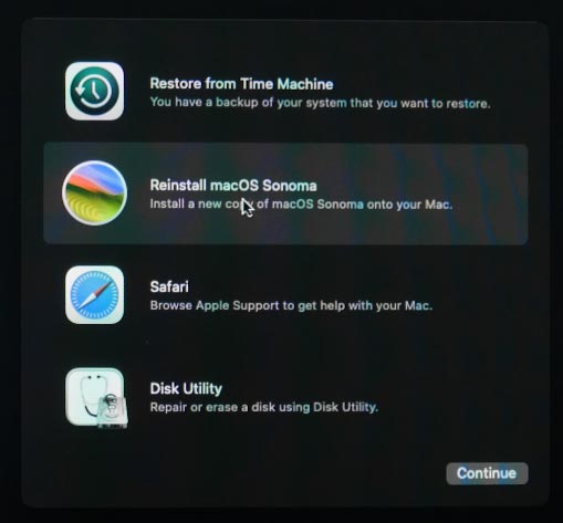 Wybierz opcję Zainstaluj macOS z menu odzyskiwania