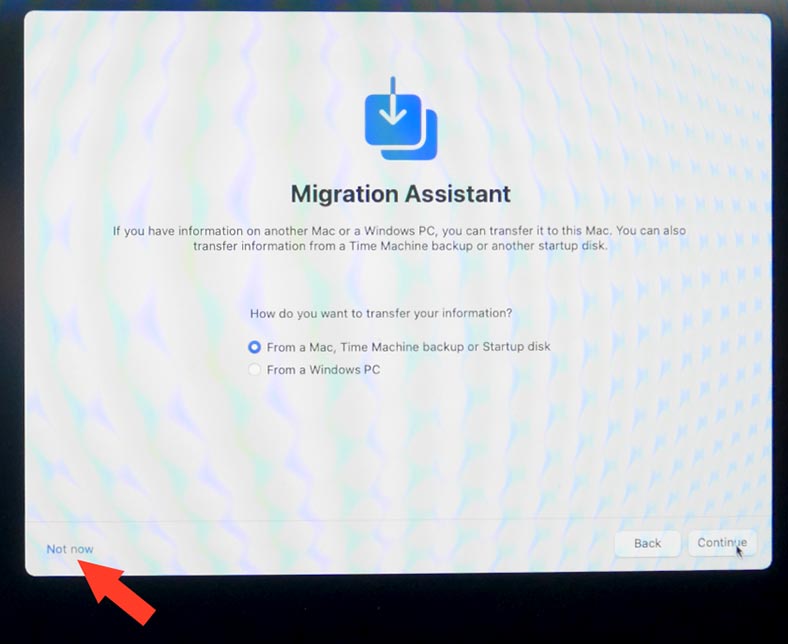 Migration assistant: تخطي خيار نقل البيانات