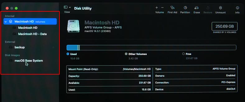 Disk Utility: lista de unidades disponíveis