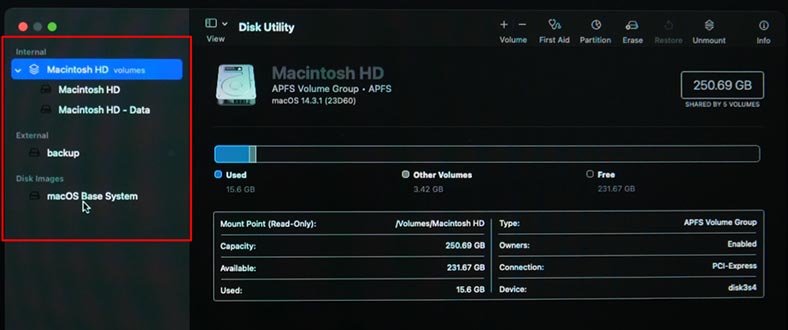 Disk Utility: قائمة محركات الأقراص المتوفرة