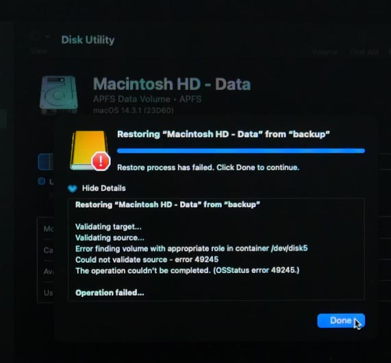 Disk Utility: disco inválido ou backup selecionado