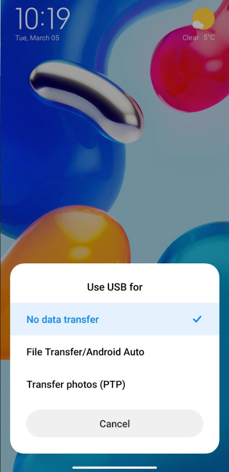 Android: Selecione o modo de transferência de dados