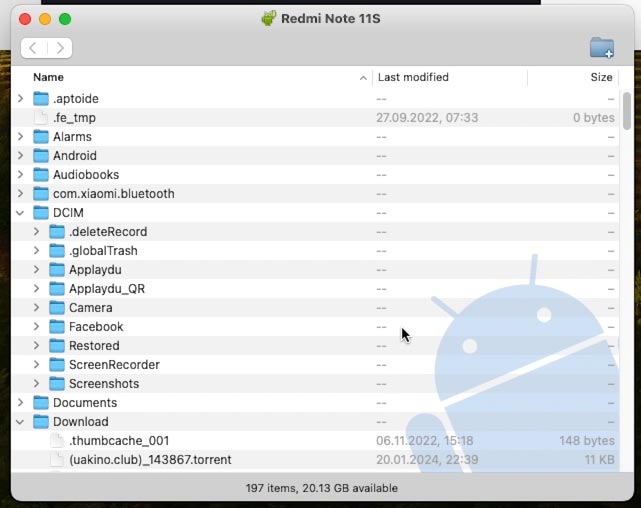 Contenido del teléfono inteligente Android en Mac