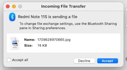 Mac: Przychodzący transfer plików - Zaakceptuj