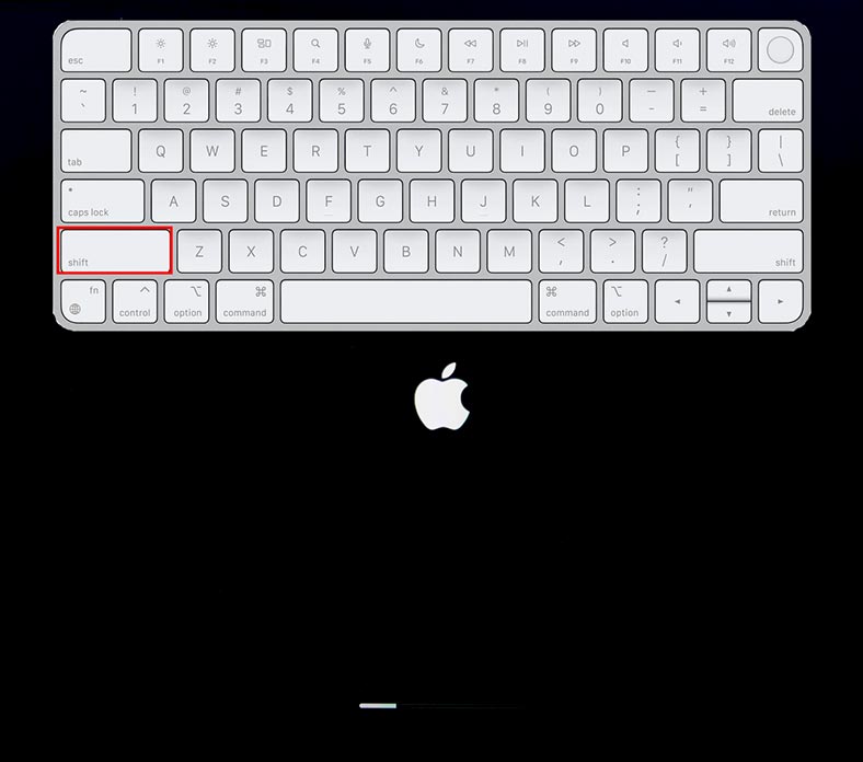 Halten Sie vor dem Einschalten die Umschalttaste gedrückt, bis das Apple-Logo auf dem Bildschirm erscheint