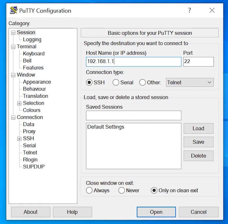 إستخدم عميل ssh: تكوين PuTTY