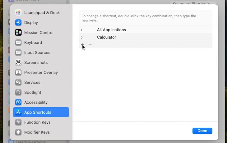 System Settings - Keyboard - Keyboard Shortcuts - App Shortcuts