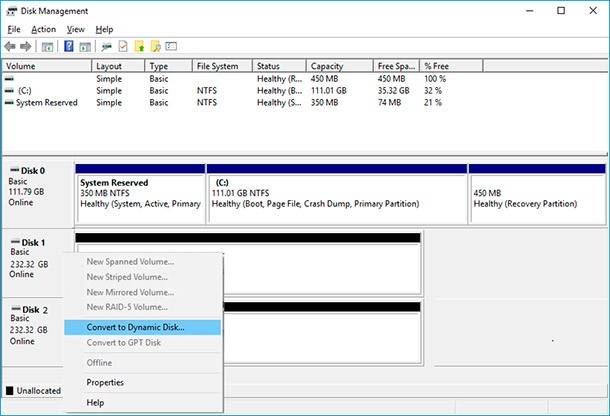 Disk Management. Right-click on Disk 1 and select Convert to Dynamic Disk.