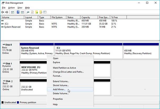 Disk Management. Right-click on New Volume (D:) and select Add Mirror.