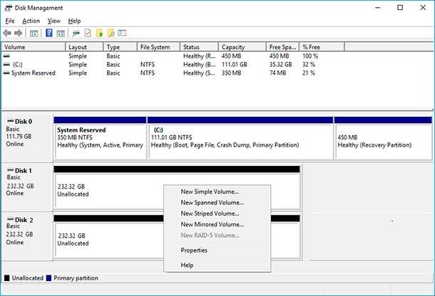 Disk Management. Right-click on any hard disk and select «New Mirrored Volume»