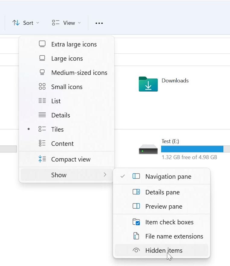 Windows 11: View - Show - Hidden items