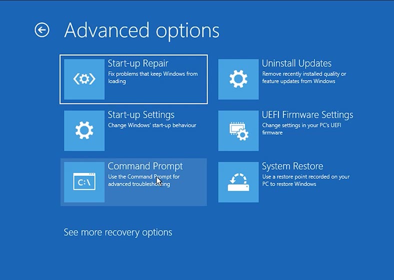 Windows 11: Troubleshoot - Advanced options - Command Prompt