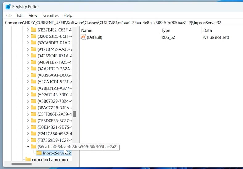 regedit: Computer\HKEY_CURRENT_USER\SOFTWARE\Classes\CLSID\InprocServer32