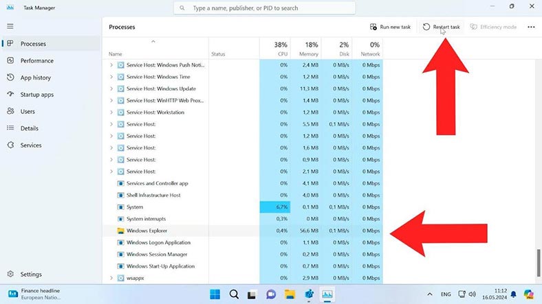 Administrador de tareas: Explorador de Windows – Reiniciar tarea