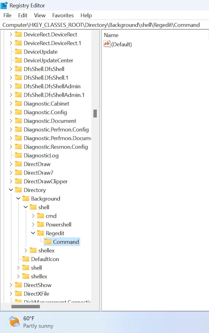 regedit: Computer\HKEY_CLASSES_ROOT\Directory\Background\shell