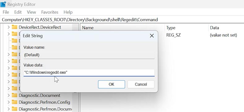 regedit: ComputerHKEY_CLASSES_ROOTDirectoryBackgroundshellRegeditCommand