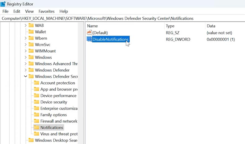 regedit: HKEY_LOCAL_MACHINESOFTWAREMicrosoftWindows Defender Security CenterNotifications