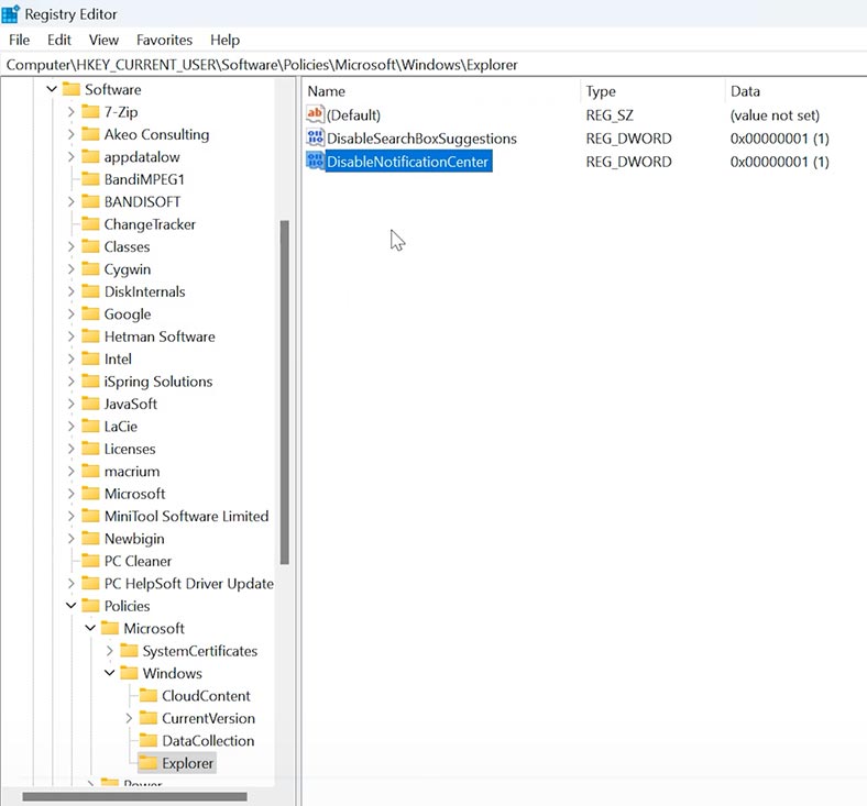 regedit: HKEY_CURRENT_USERSOFTWARE\Policies\Microsoft\Windows\Explorer