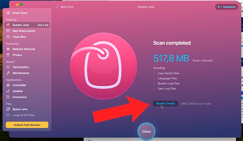 CleanMyMac X: Details anzeigen – Bereinigen