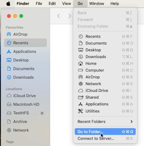 Finder – Ir para o menu – Ir para a pasta