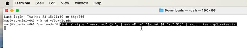 find ./ -type f -exec md5 {} \; | awk -F '=' '{print $2 "\t" $1}' | sort | tee duplicates.txt