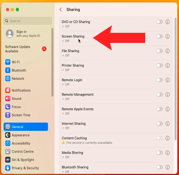 Settings - General - Sharing - Screen Sharing