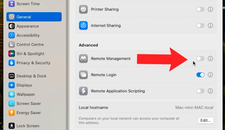 Remote Management: in the Advanced tab, drag the slider to the Enabled position