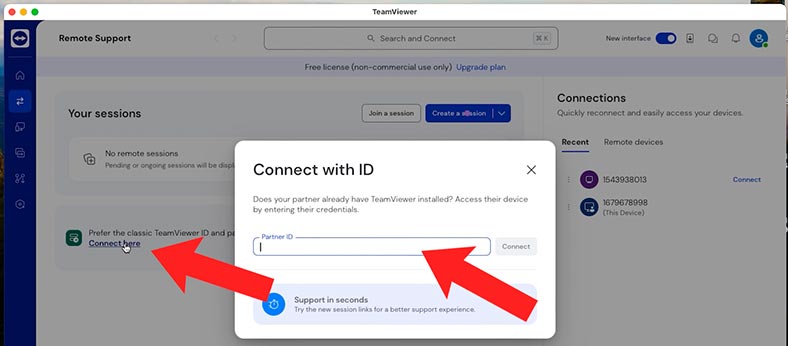 TeamViewer: Introduza o ID e a palavra-passe recebidos na janela do programa no computador a partir do qual pretende ligar