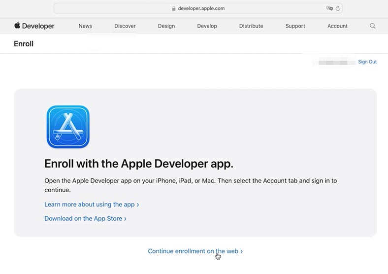 developer.apple.com: descargue la aplicación y continúe con el registro desde la aplicación