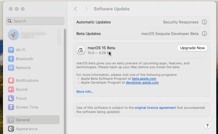 MacOS: Beta-System für Update ausgewählt