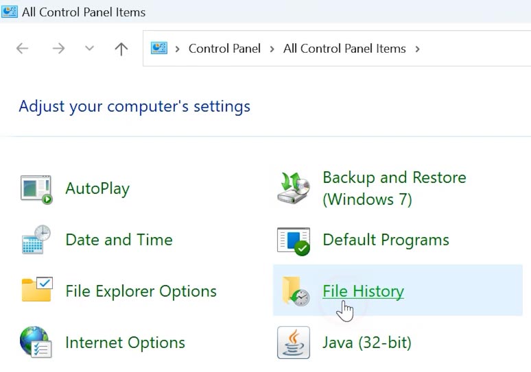 Windows 11: Panel de control - Historial de archivos