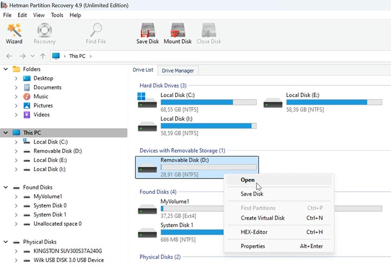 Hetman Partition Recovery: Rechtsklick auf die Partition – Öffnen