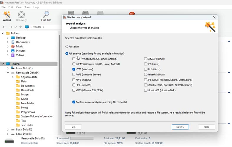 Hetman Partition Recovery: الفحص الكامل