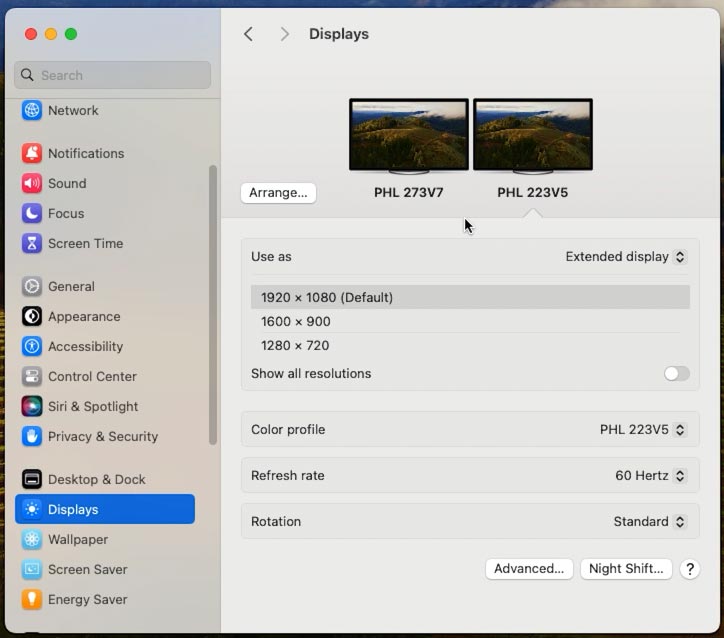 Monitores duales en la configuración de pantalla de Mac