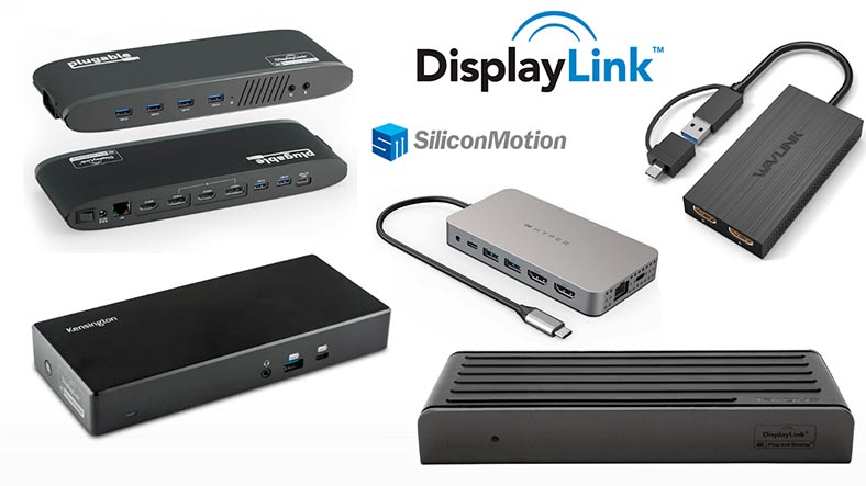 Hubs USB-C ou estações de acoplamento com suporte para DisplayLink ou SiliconMotio