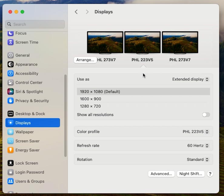 Apresentar três monitores nas definições do macOS