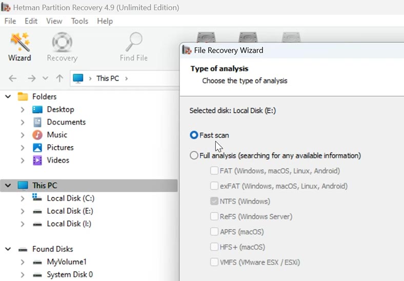 Hetman Partition Recovery: Швидке сканування